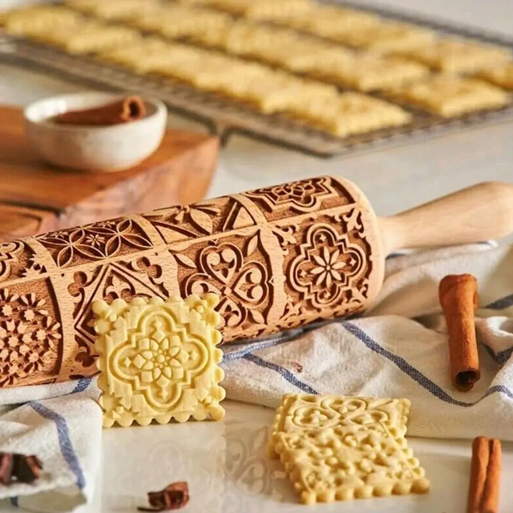 Rodillo De Madera Para Galletas Con Relieve - Diseños De Flores Y Plantas, Ideal Para Decorar Repostería