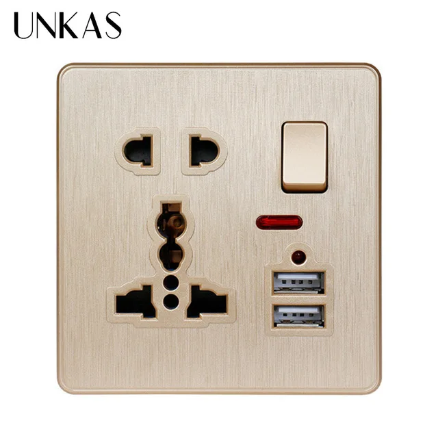 UNKAS 2.1A белый/черный/золотой настенный разъем питания двойной usb-порт для зарядки светодиодный индикатор 13A Универсальный 5 отверстий Коммутируемая розетка - Тип: Gold Socket-1