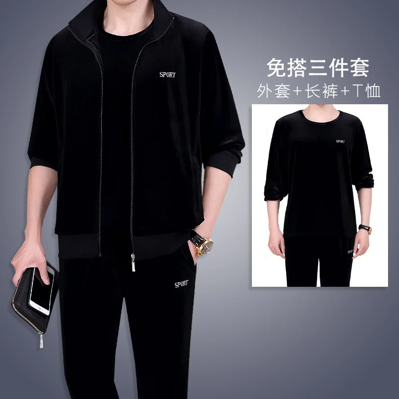 

3PCS Autumn Men Tracksuit Sportswear Velvet Loose Male Running Jogging Outfits Workout Casual Set Sport Suit Jacket+shirt+pant