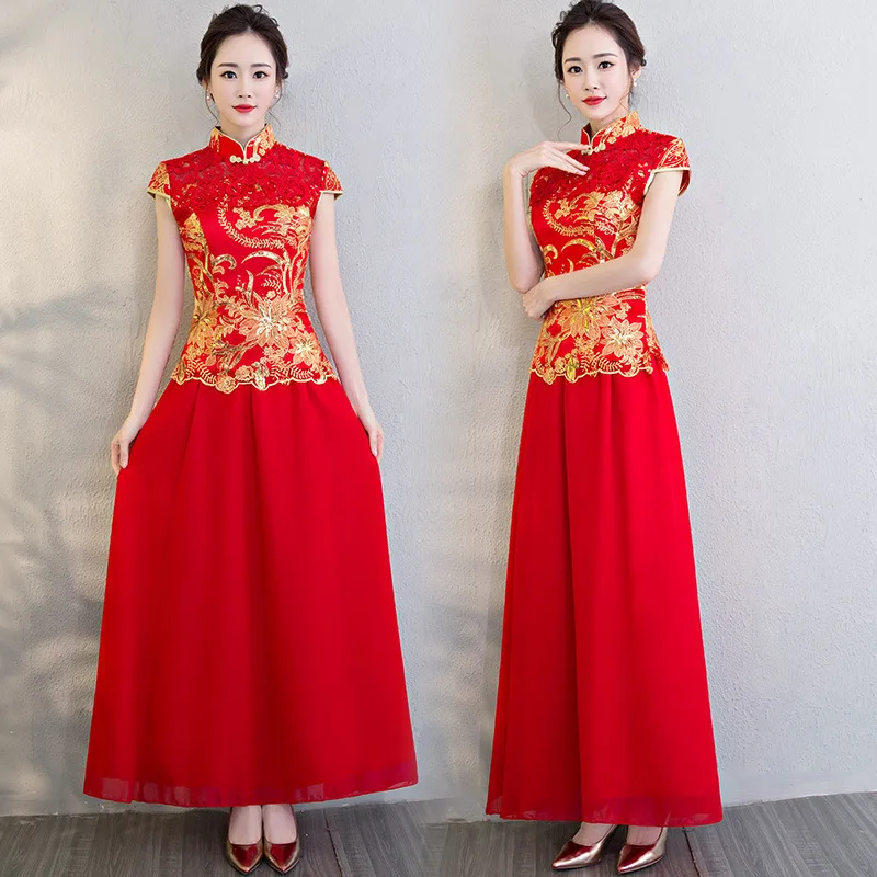 Chinese Bride Wedding Qipao Cheongsam Satin Skirt chinese dress female evening dress