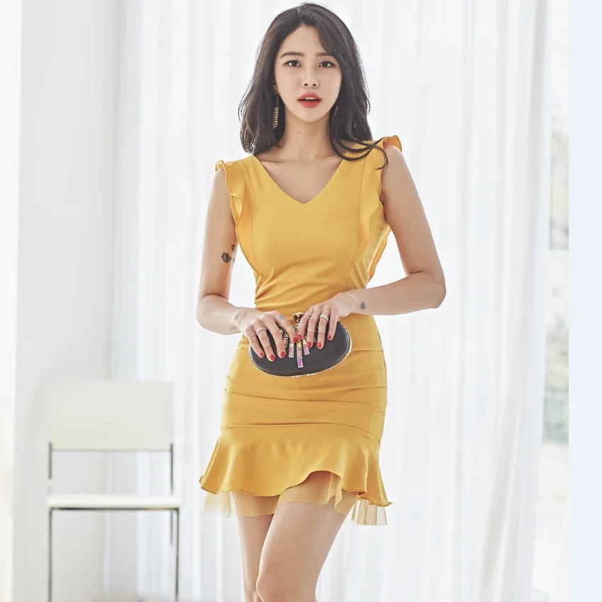 

WOMEN'S Dress 2019 Summer New Style Korean-style Elegant V-neck Gauze Joint Flounced Slim Fit Sheath Dress