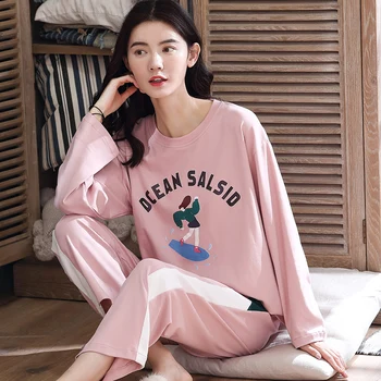 

Young Girls Pajama Sets Full Cotton Sexy Pijamas Mujer Soft House Wear Cute Cartoon Letter Tops+ Pants 2Pcs/set Pyjamas Women