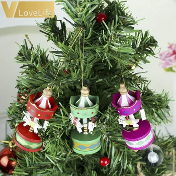 

6pcs Wooden Carousel Pendant Ornaments Box Multicolor Trojan Christmas Tree For Home Party Natal Horse Decorations