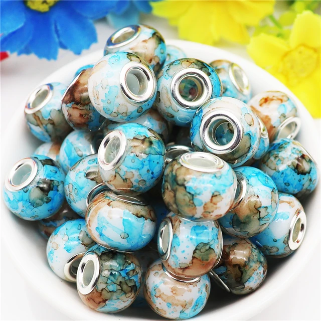 10Pcs Marble Color Big Hole European Glass Beads Bulk Fit Pandora Charm  Bracelet Bangle DIY Women Men Chain Cord Jewelry Making