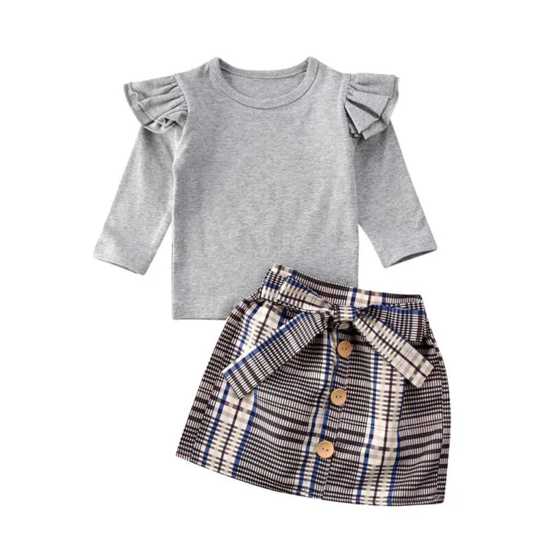 

2020 Kids Baby Girl Autumn Winter Clothes Sets Solid Fly-Sleeve Pullover Tops Plaid Bowknot Skirts Outfit Set