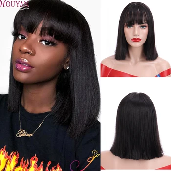 

HOUYAN 12 Inch Straight Short Natural Black Wig With Bangs For Women Medium Length Heat Resistant False Hair