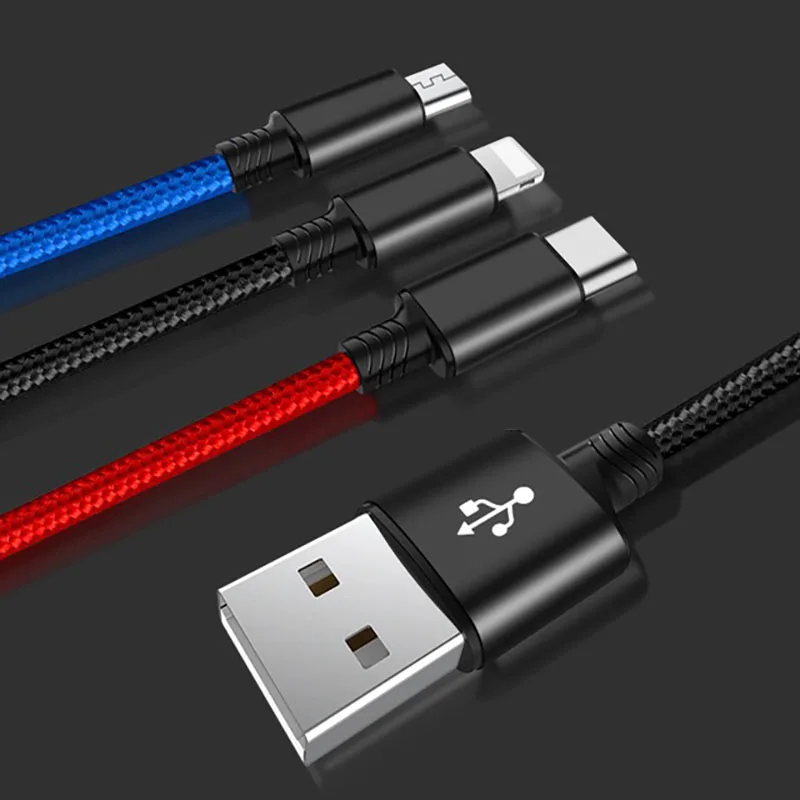 Подходит для IOS Android type-C один для трех зарядных проводов ткань вязание три в одном 0,3 м 1,2 м короткая линия передачи данных