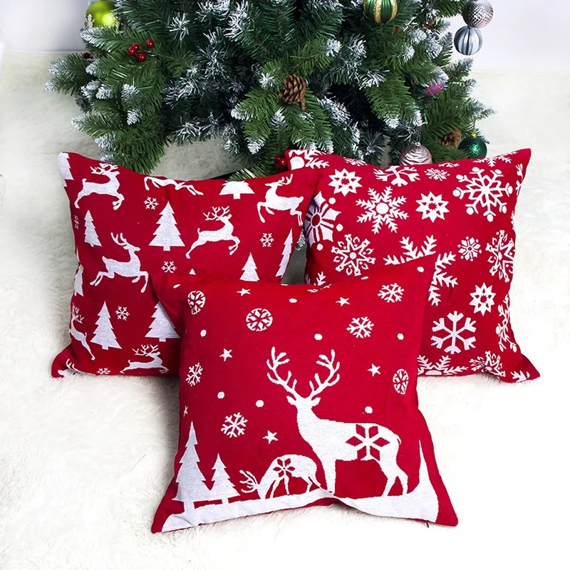 

1PC Home Pillowcase Red Christmas Pattern Printed Throw Pillow Cover Soft Cover Snowflake Square Pillowcase Cover