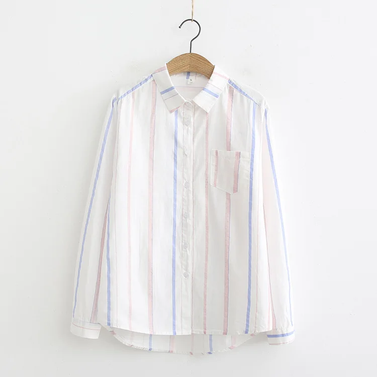 Blusas mujer chemisier femme mori/осенне-зимняя японская короткая блуза в синюю полоску с длинными рукавами bluzki damskie - Цвет: Небесно-голубой