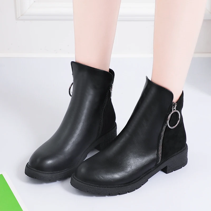 

2019 Spring Autumn Stiletto Med Heels Round Toe Faux Leather Zipper Style Sexy Ankle Womens Square Heels Boots Bota Feminina