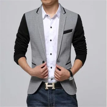 

New Slim Fit Casual jacket Cotton Men Blazer Jacket Single Button Gray Mens Suit Jacket 2018 Autumn Patchwork Coat Male Suite