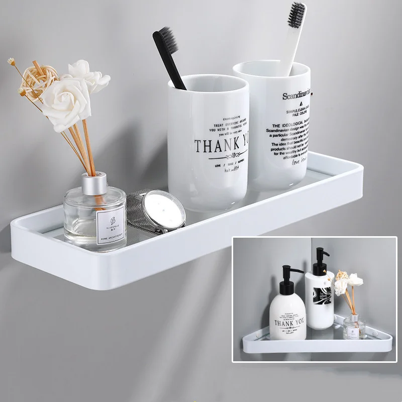 

Aluminium & Glass Bathroom Shelf Shower Shampoo Soap Cosmetic Kitchen Corner Holder Nail Punched Single Tier Bath Accessories