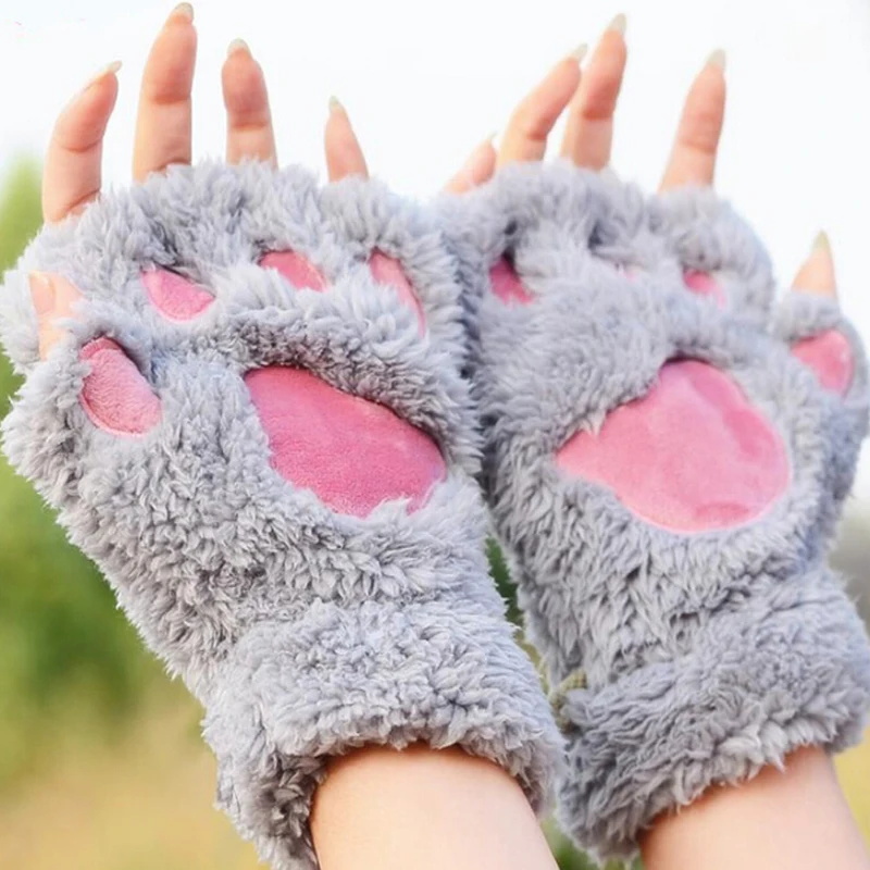 Ladies Winter Fingerless Gloves Fluffy Bear Cat Plush Paw Claw Half Covered
