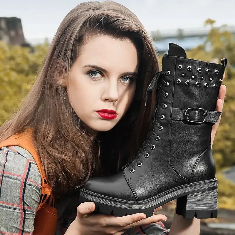 Botas militares mujer, zapatos de media plataforma con cremallera media caña, para otoño e invierno, C523|Botas a media pantorrilla| - AliExpress