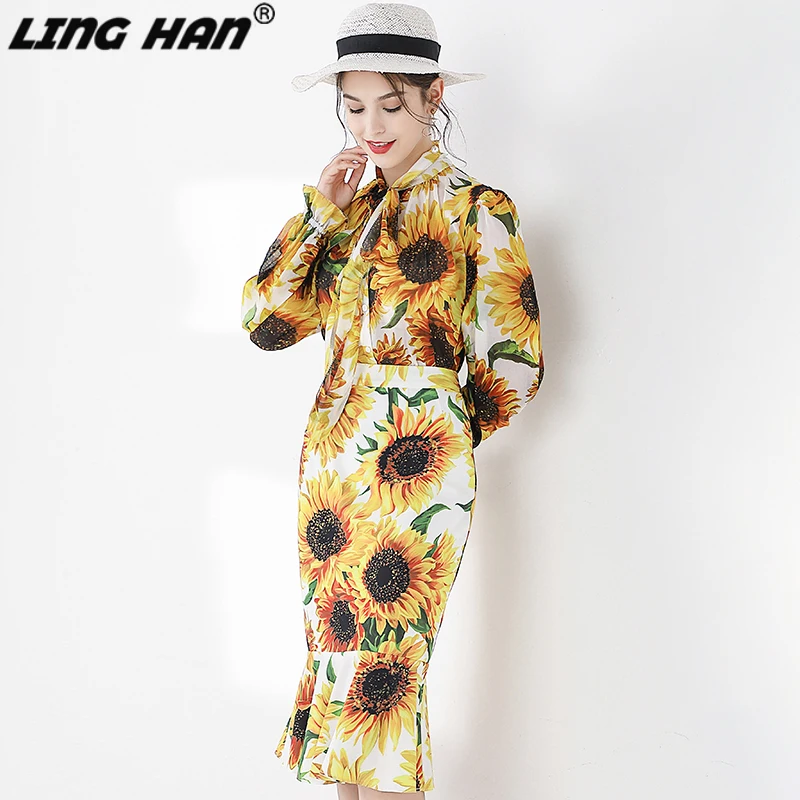 LING HAN/осенние Подиумные кардиганы, шелковая рубашка, женская рубашка с рукавами-фонариками и бантом, с принтом подсолнуха, Элегантные повседневные топы, блузка
