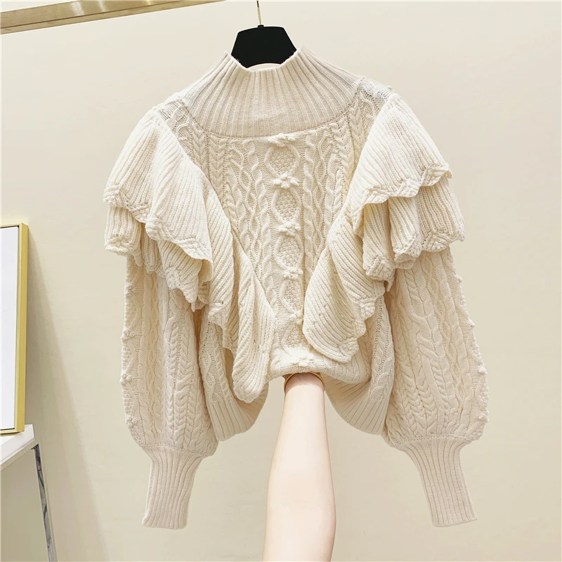 

Korean-Style Sweater Women Ruffle Trim Long Sleeve Sweater Coarse Knitting Twist Sweater Women's Loose Jumper Femme Pullover