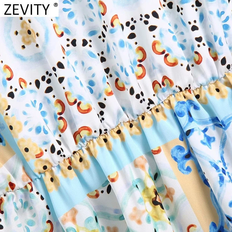 Zevity 2021 Women Vintage V Neck Cloth Patchwork Print Mini Shirt Dress Female Chic Breasted Elastic Waist Retro Vestidos DS8398
