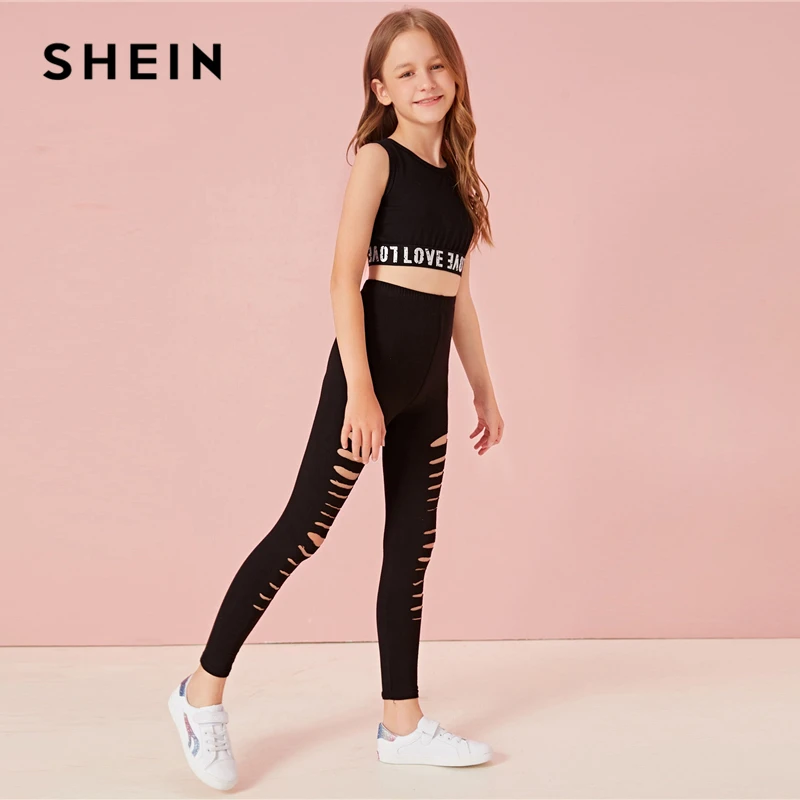 SHEIN Kiddie/черные однотонные обтягивающие леггинсы для девочек, необработанный край детские штаны г., осенняя одежда для активного отдыха брюки для подростков с эластичной резинкой на талии