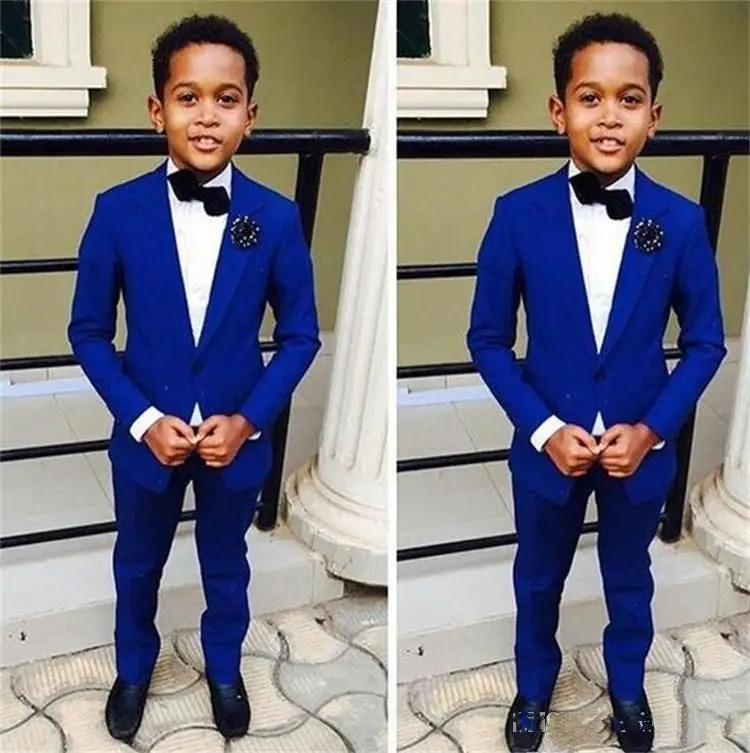 Azul real crianças formal vestir casamento noivo smoking dois pedaço entalhado lapela flor meninos crianças ternos de festa (jaket + calças)