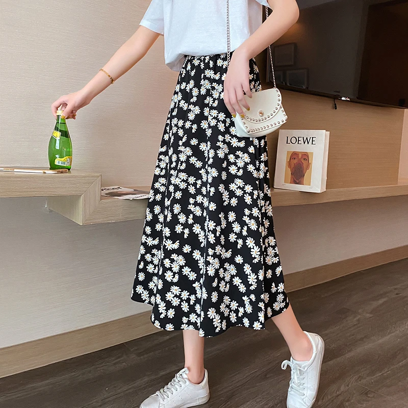 Women Summer Floral Daisy Print Ruffle Pleated Long Skirts Korean Skirt Streetwear Drawstring Elastic Waist Midi Skirt S-xxl