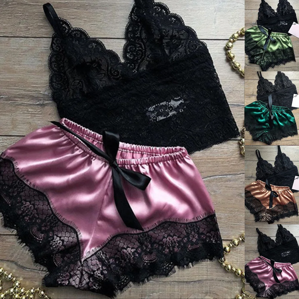 Summer Satin Silk Bra Pajamas Set 