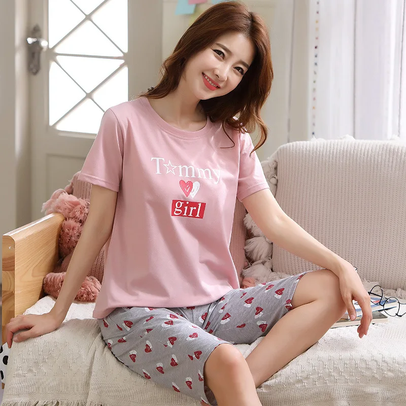 

Pajamas Female Summer Heart Shape Pure Cotton Short Sleeve Plus-sized Large Size Capri Pants Summer Thin Cotton Homewear Set 5XL