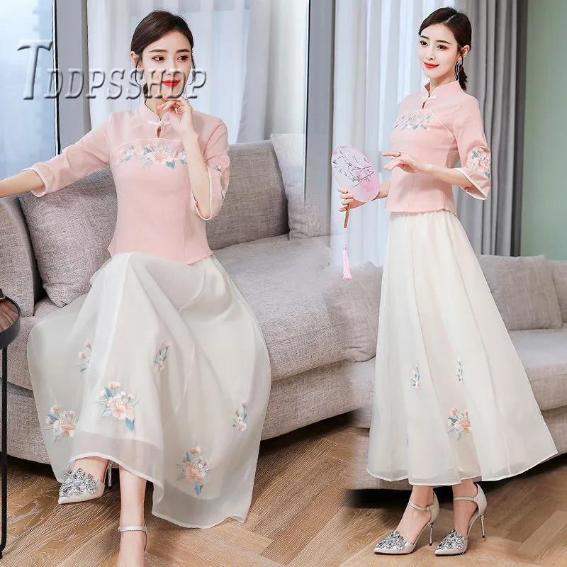 2019 Han Dynasty Китай древние женские комплекты Элегантная блузка и юбка женские комплекты