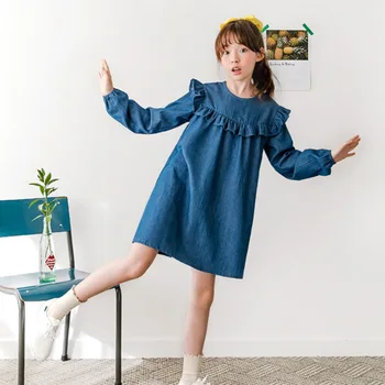 

2020 Autumn New Ruched Soft Denim Girls Cotton Dress Floral Dress Kids Dresses for Girls Baby Jeans Dress Chidlren Clothes,#5613