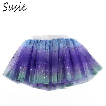 

Kids Girls Princess Dress Rainbow Pentagram Sequin Gradient Mesh Skirts Party Dancewear Tutu Ballet Skirt