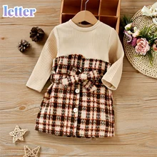 

Spring Autumn Toddler Baby Kid Girl Dress Long Sleeve Plaid Patchwork Button Knitted Dress Fake Two Piece Patchwork Design