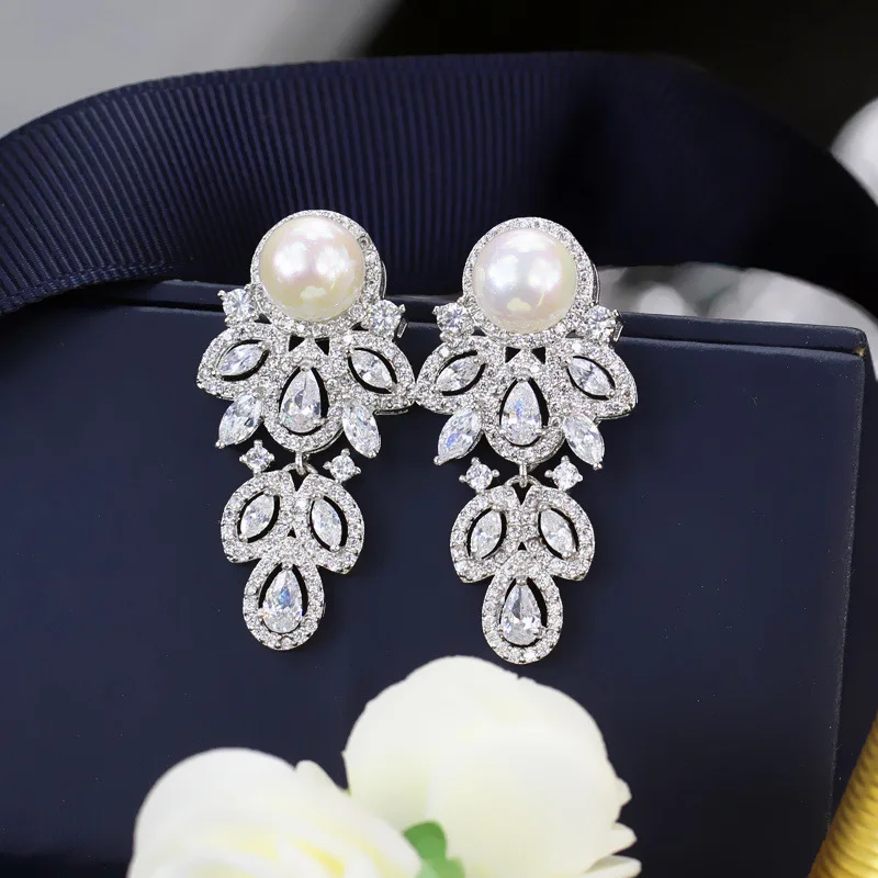 

South Korea Elegant Simple S925 Fine Silver Pearl Earring Water Droplet Horse Eye Zircon Ear Rings Anti-Allergy