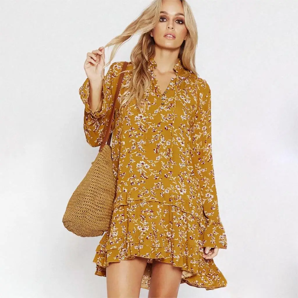 

Jastie Button V-Neck Dress Autumn Long Sleeve Ruffle Hem Hippie Chic Boho Dresses Floral Print Casual Beach Dress Women Vestidos