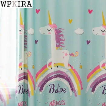

Cartoon Unicorn Curtain for Girl Bedroom Rainbow Design Printed Lake Blue Sheer Tulle Curtain Blackout Children M173&30