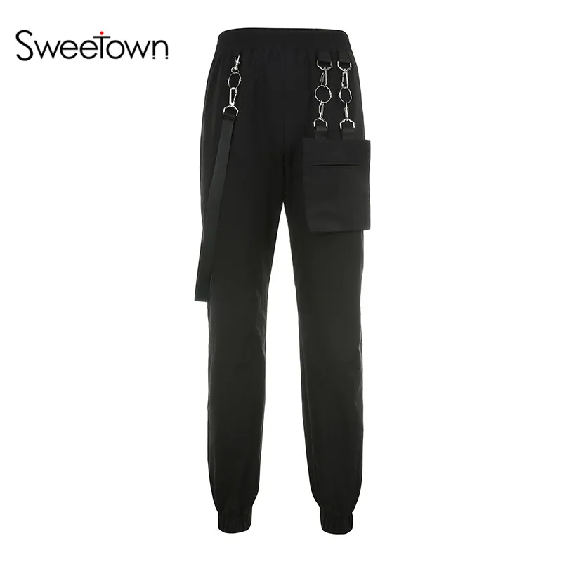 Sweetown, панк, готика, уличная одежда, брюки-карго, женские, металлические цепочки, карманы, пэчворк, повседневные, высокая талия, мешковатые штаны-шаровары, хип-хоп - Цвет: black