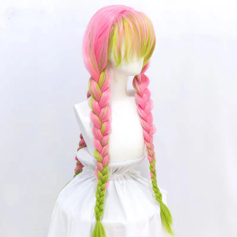 AOOSOO Demon Slayer Kanroji Mitsuri, парики для косплея, Kimetsu no Yaiba, Длинные розовые Разноцветные зеленые косы, парик для косплея, синтетические волосы - Цвет: 01