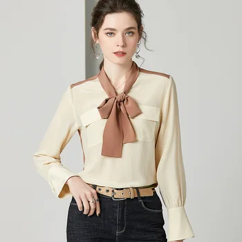 

Elegant Back Single Breasted Pure Silk Blouses Women Spring Long Sleeve Shirts Bow Sweet Ladies Tops Designer blusas mujer Chic