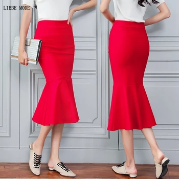 

Spring Summer Fashion Women High Waist Mermaid Skirt Lady Office Wear Long Midi Skirt Mid Calf Trumpet Skirts Yellow Green Black