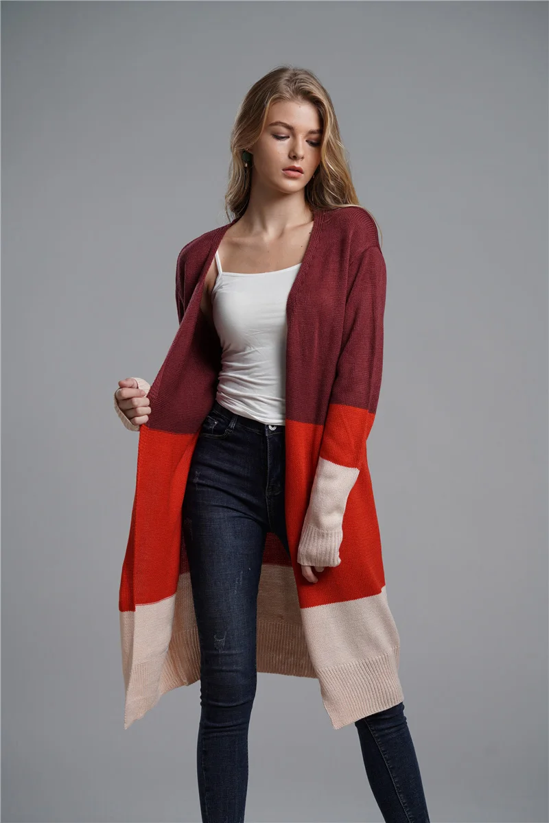 orange Fitshinling Block, длинный кардиган в стиле пэчворк, зимнее пальто,, Boho, тонкая женская трикотажная куртка, длинный рукав, открытая стежка, кардиганы - Цвет: orange