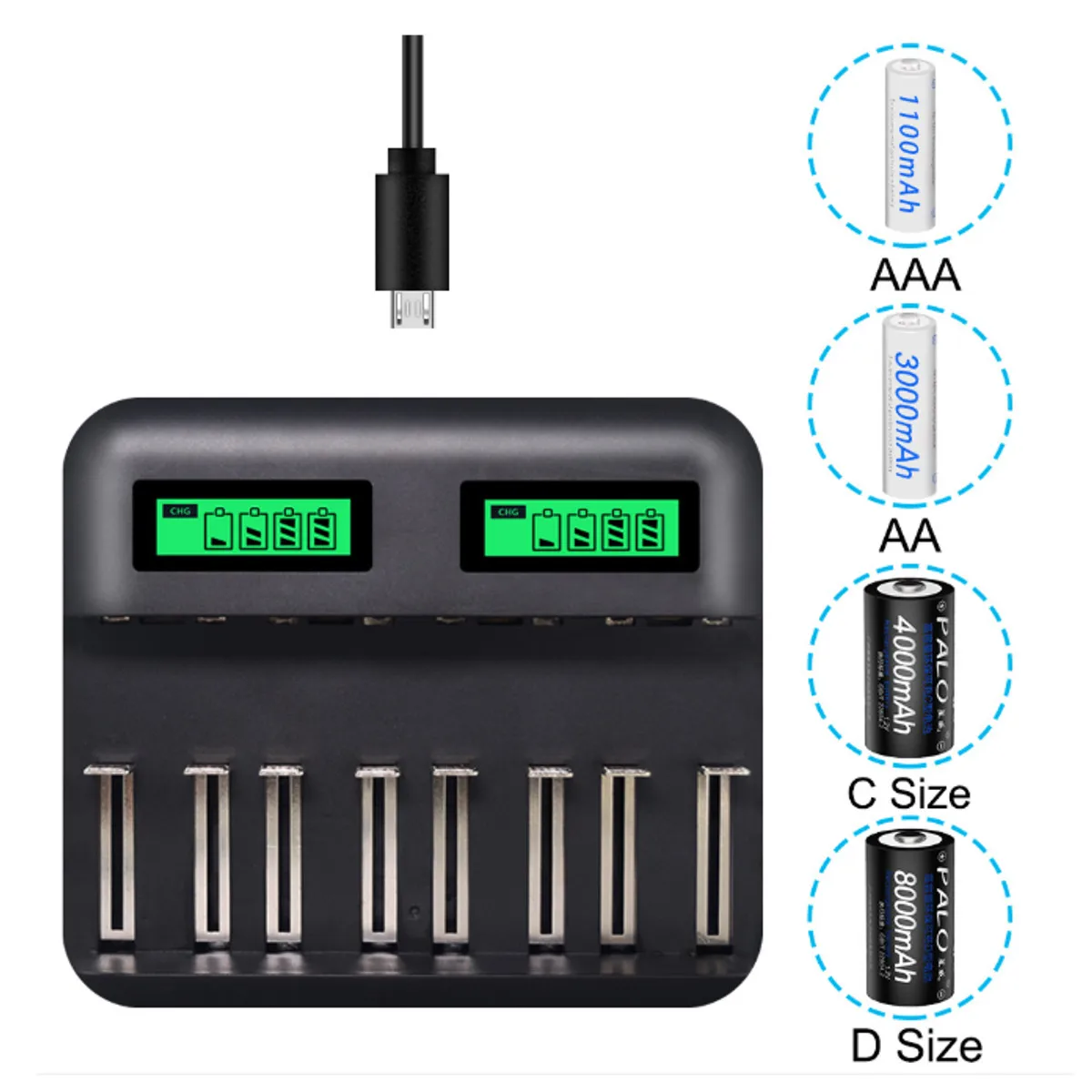8 слотов ЖК-дисплей USB смарт-зарядное устройство для AA AAA SC C D размер перезаряжаемая батарея 1,2 в Ni-MH Ni-CD быстрое зарядное устройство