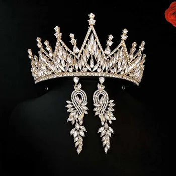 

FORSEVEN White Crystal Headdress Wedding Dress Accessory Bridal Crown Baroque Princess Crown With Earrings Women Tiara JL