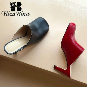 

RIZABINA Real Leather Women Sandals Square Toe Solid Color Shoes Women Slip On Outdoor Slippers Sweet Casual Footwear Size 34-39