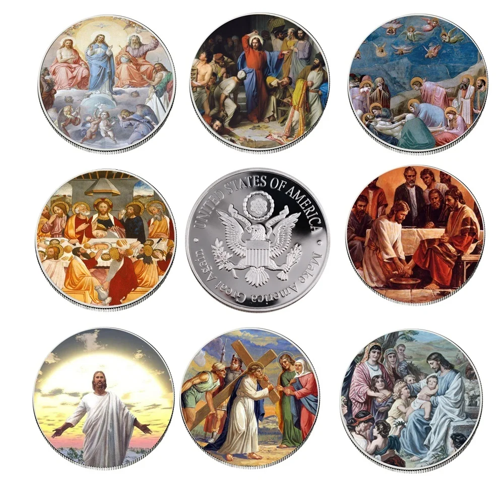 Monedas de la serie de Jesús chapadas en plata para decoración del hogar, monedas de desafío conmemorativo para regalo y colección, 8 + 2 diseños