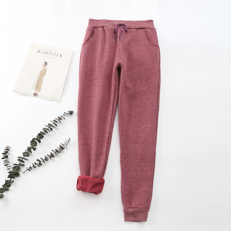 Autumn Winter Women Warm Pants Women's Velvet Cashmere Pants Candy Color Women Loose Pants Causal Female Long Trousers Plus Size - Цвет: win red