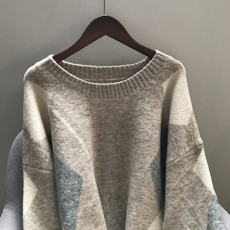 Johnature Women Pullover Sweaters Korean Style Argyle Autumn New Long Sleeve Warm Patchwork Women Fall Casual Sweaters