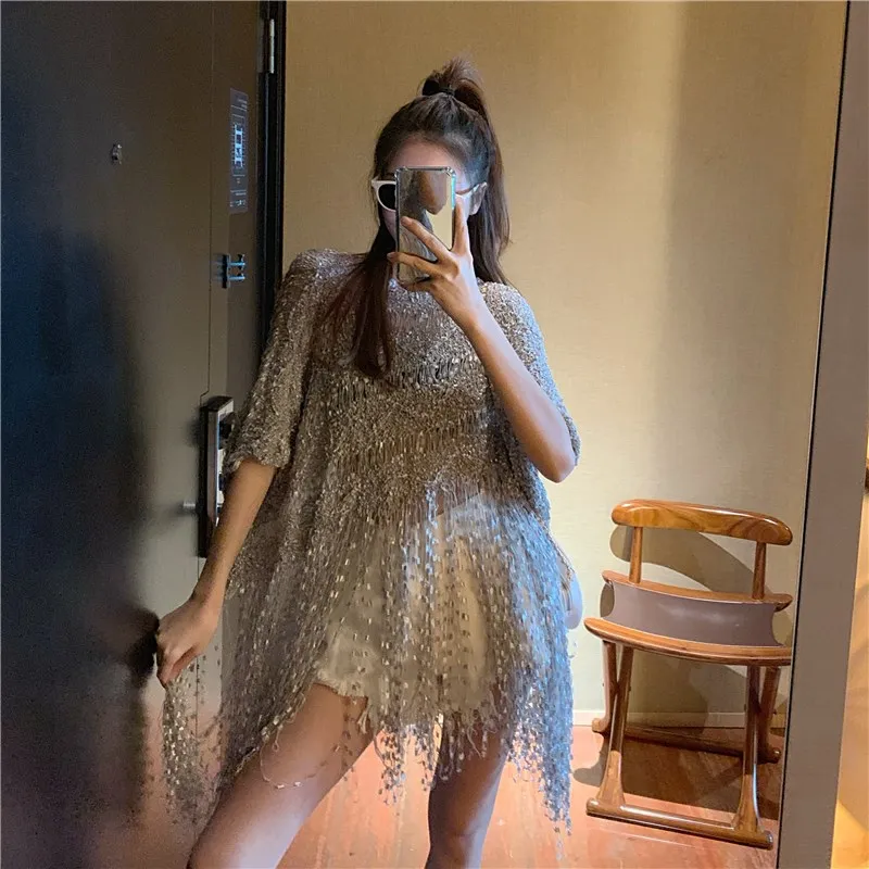 WHITNEY WANG Осенняя мода уличная сексуальная прозрачная негабаритная кисточка свитер женский джемпер sueter mujer invierno
