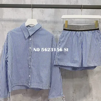 

High Street Fashion 2 Piece Set Women Striped Diamond Long Sleeve Shirt Top + Elastic Waist Shorts Woman Two Piece Outfits