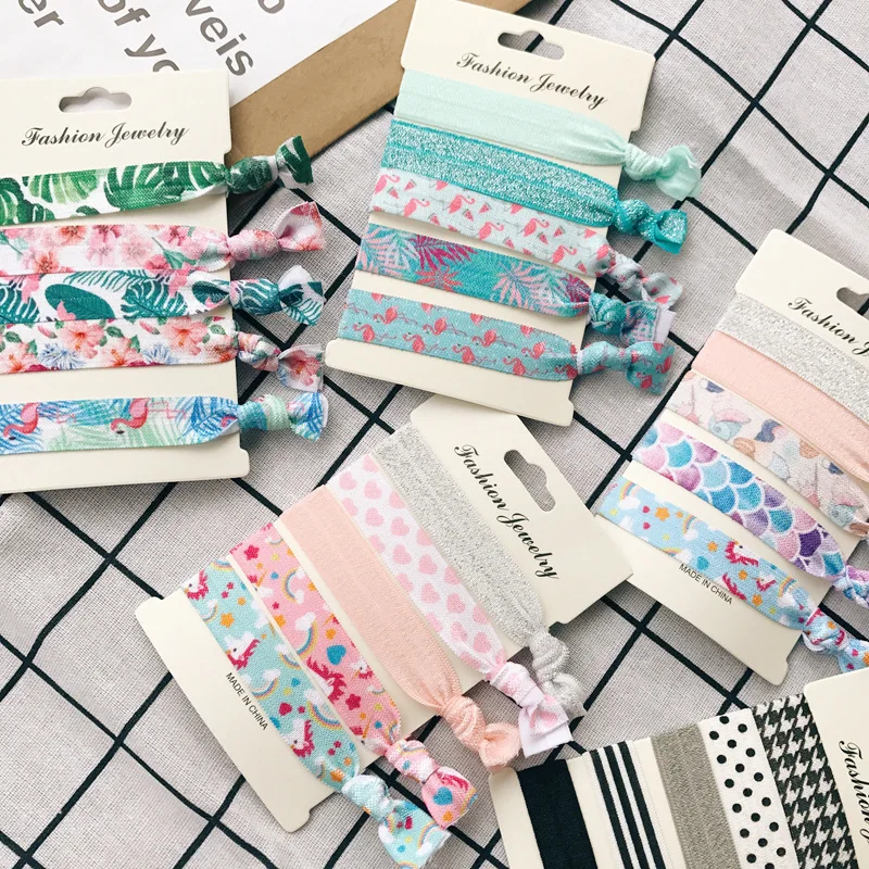 60 компл./лот 5 шт./компл. DIY мульти простые ткани девушка сердце волна точка резинки для волос эластичность банановый лист цветок Резинка для волос Инструменты для укладки волос аксессуары HA1160