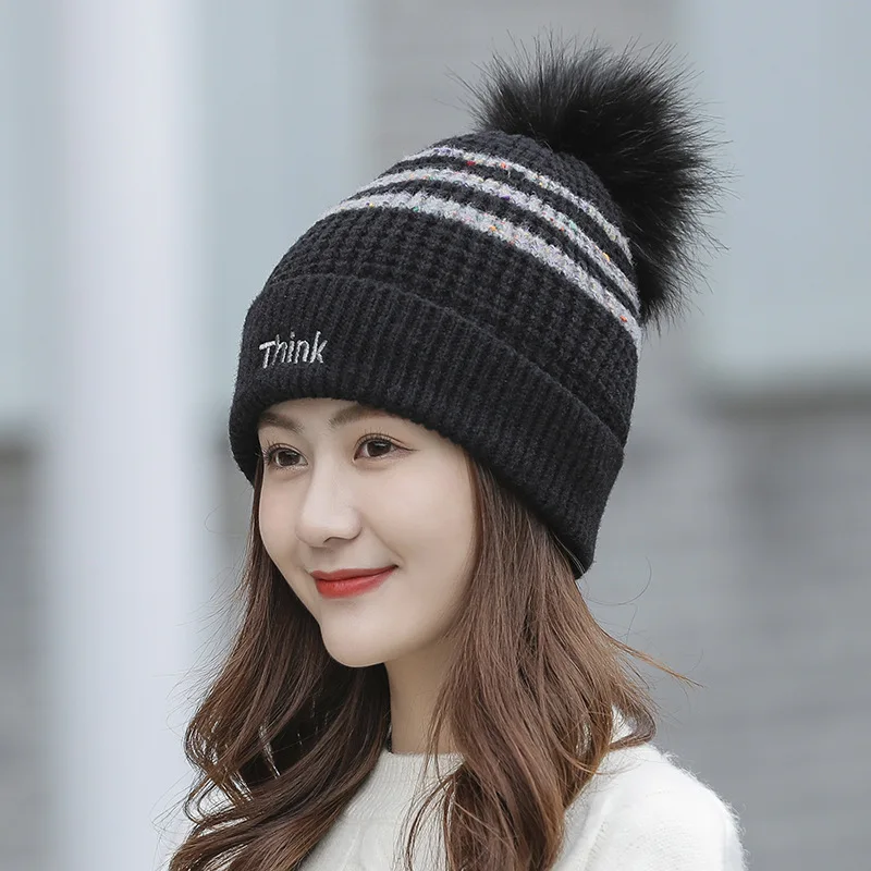 Women Winter Thicken Alphabet embroidery Flanging Warm Ear protectors Little bee Pompom knit hat Female Skull Beanies cap Z205