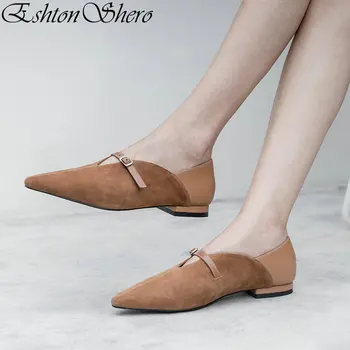 

EshtonShero Summer Women's Shoes Flats Woman Kid Suede+PU Flat Heels Pointed Toe Basic Lace Black Ladies Wedding Shoes Size 3-9