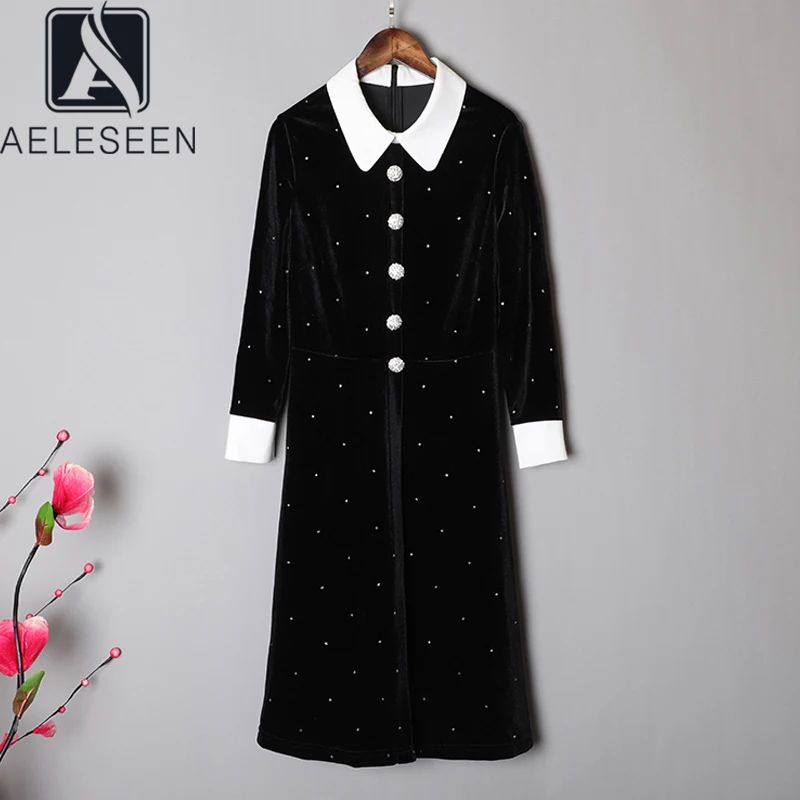 AELESEEN Runway Fashion Black Velvet Dress Women's Long Sleeve Diamonds Button Office Elegant Party Christmas Midi Dress